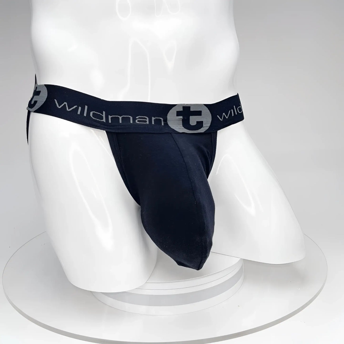 Black wildman big boy pouch jockstrap with contoured design and elastic waistband featuring brand logo