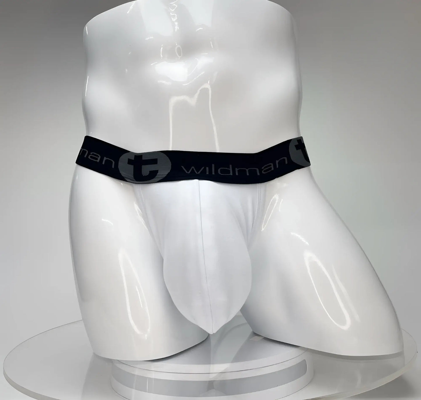 White WildmanT jockstrap with a contoured big-boy pouch and a black branded elastic waistband on a white mannequin.