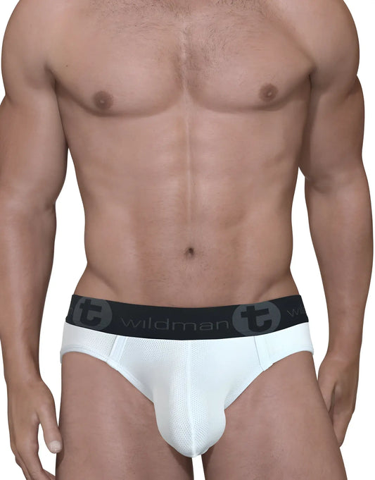 White mesh brief with a prominent pouch, featuring a black waistband with the "WildmanT" logo.