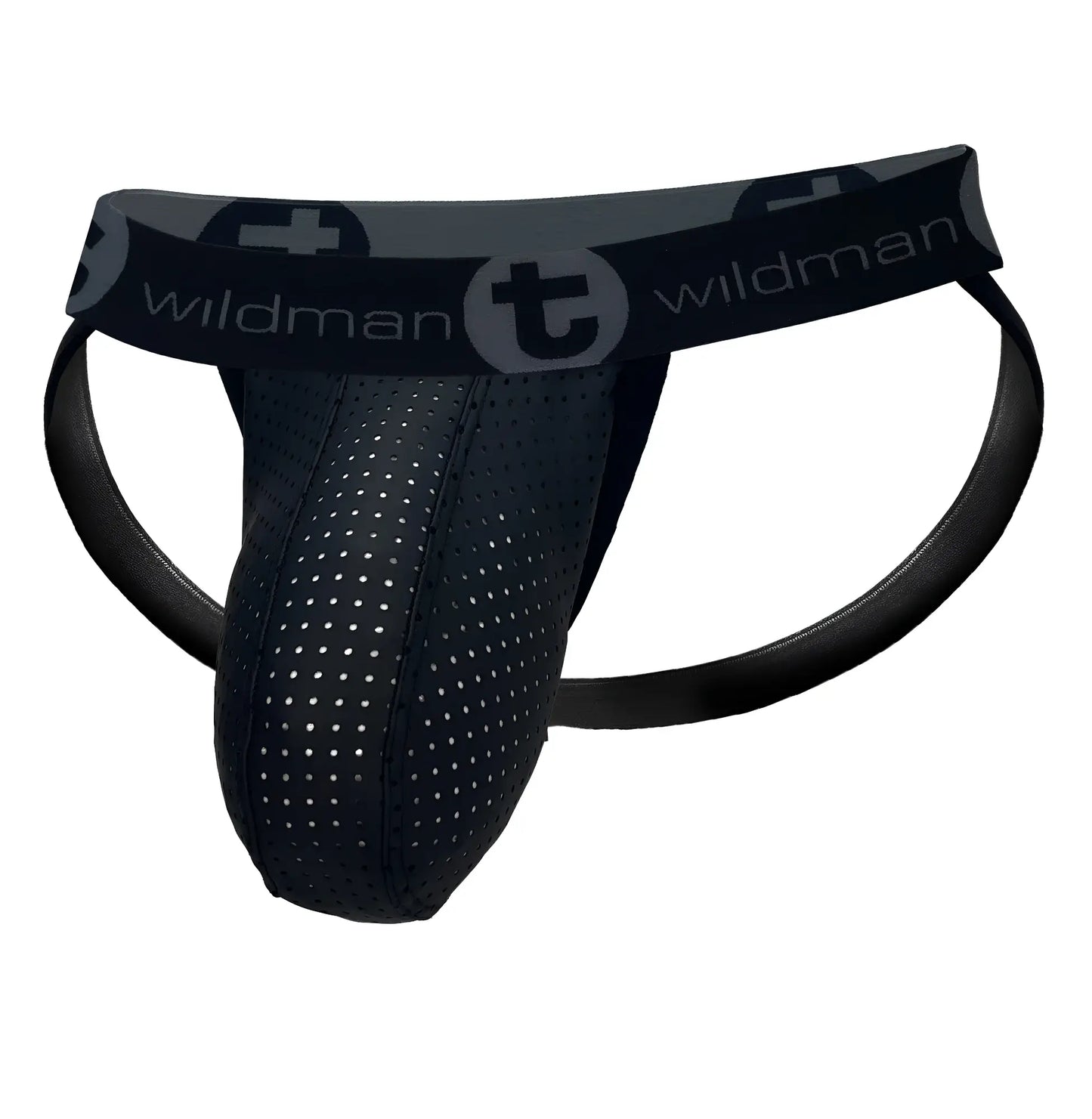 Black perforated wildmant big boy pouch jockstrap with branded waistband in rubber and cotton blend