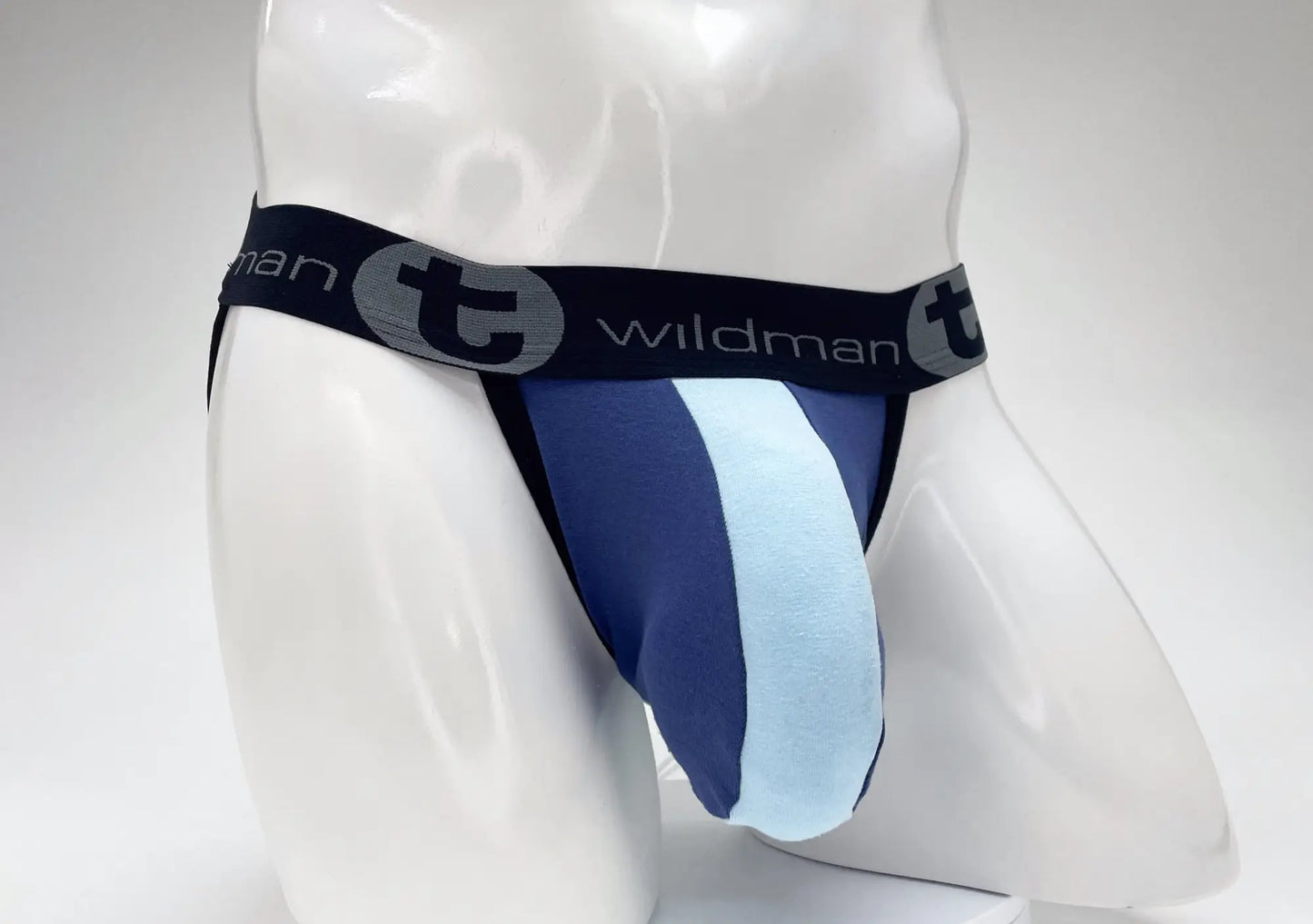 Blue and light blue striped cotton jockstrap with black wildman waistband pouch for big boys