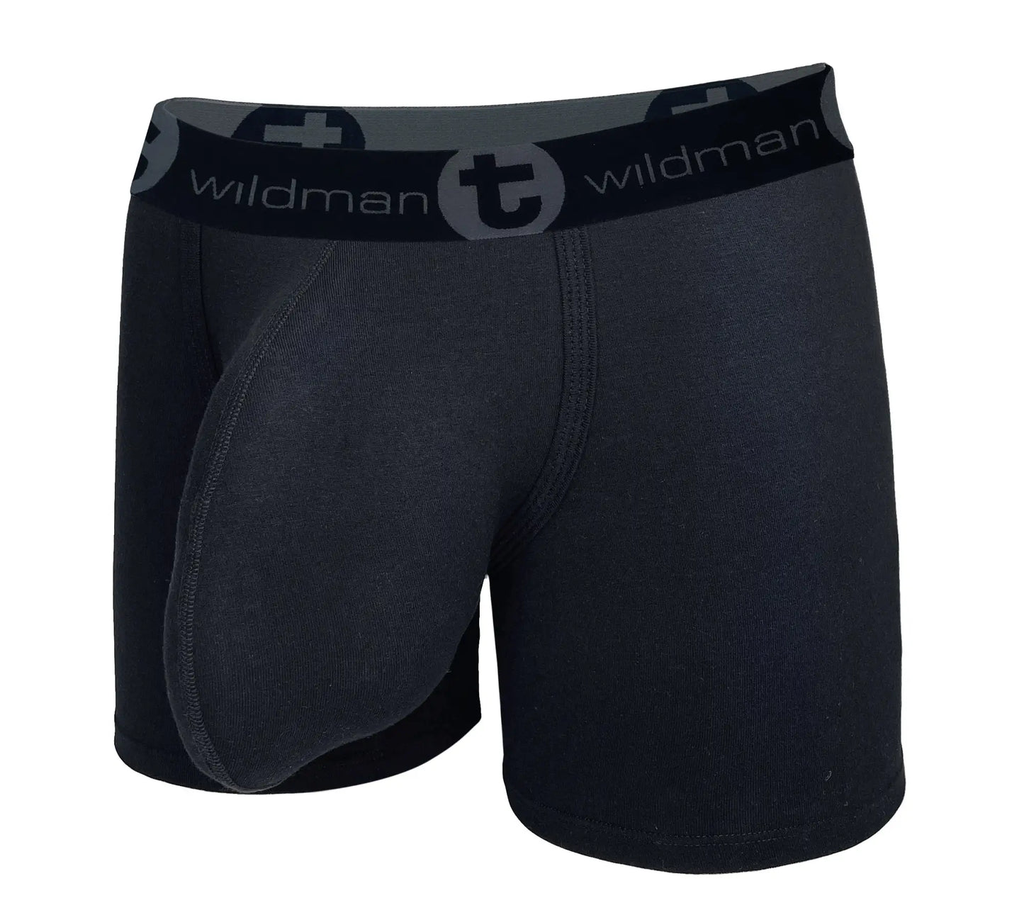 Black wildman men’s cotton boxer briefs with 5 inch inseam and gray waistband featuring brand logo and text