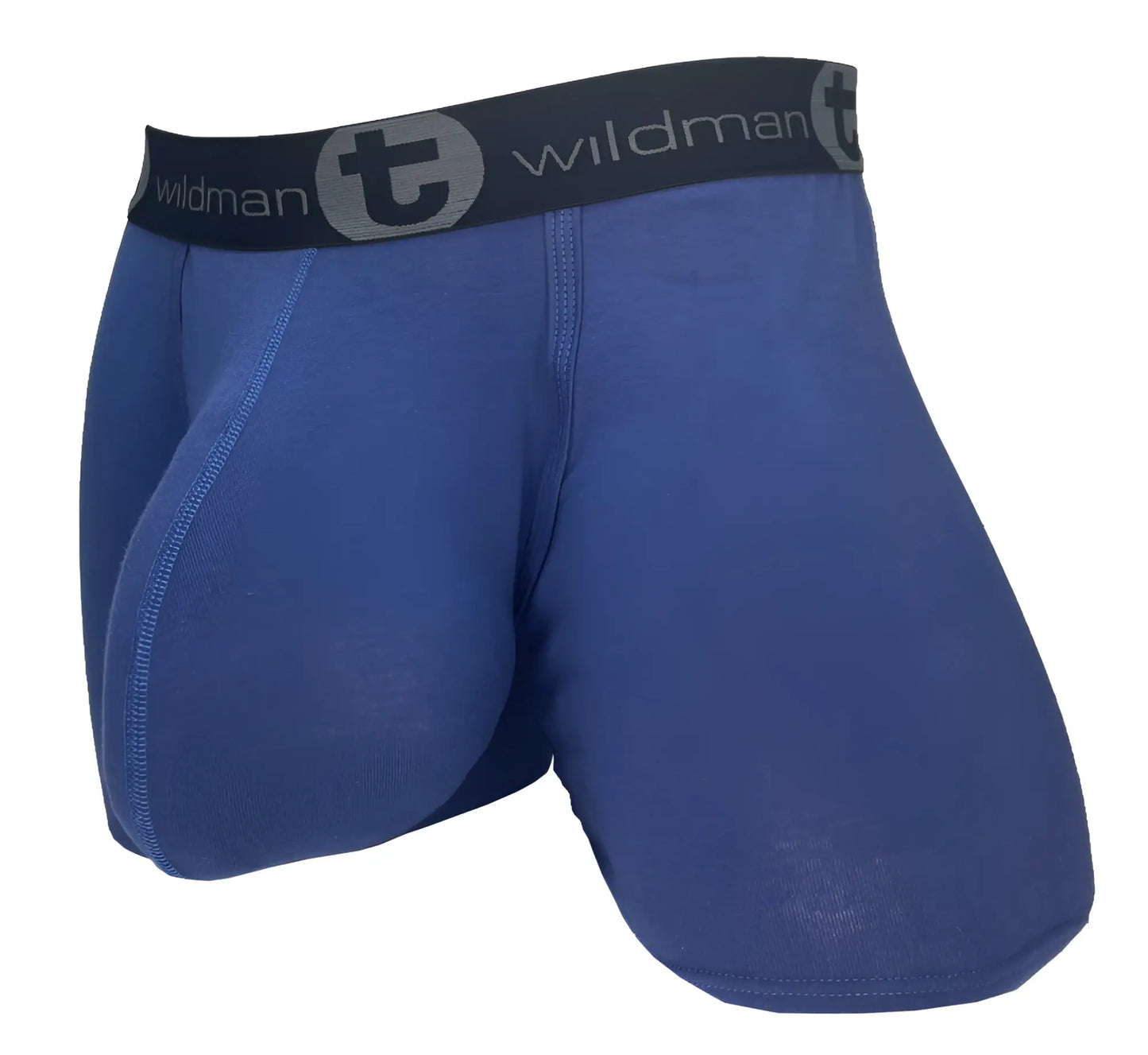 Dark blue cotton boxer briefs with a contoured pouch and black waistband featuring "wildman" and "t" branding.