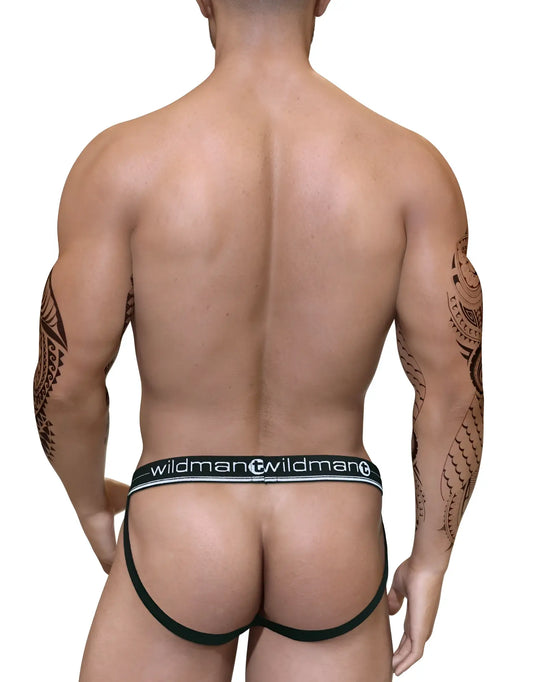 Back view of a muscular man wearing a black Duo Big Boy jockstrap with a branded white elastic waistband.