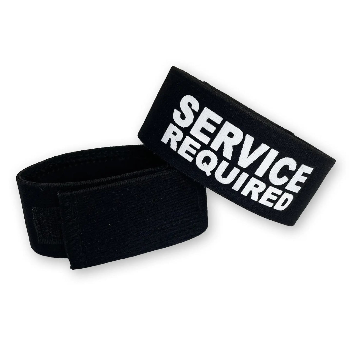 Black fabric wrist strap cock-ring by WildmanT with bold white service required text for fetish use