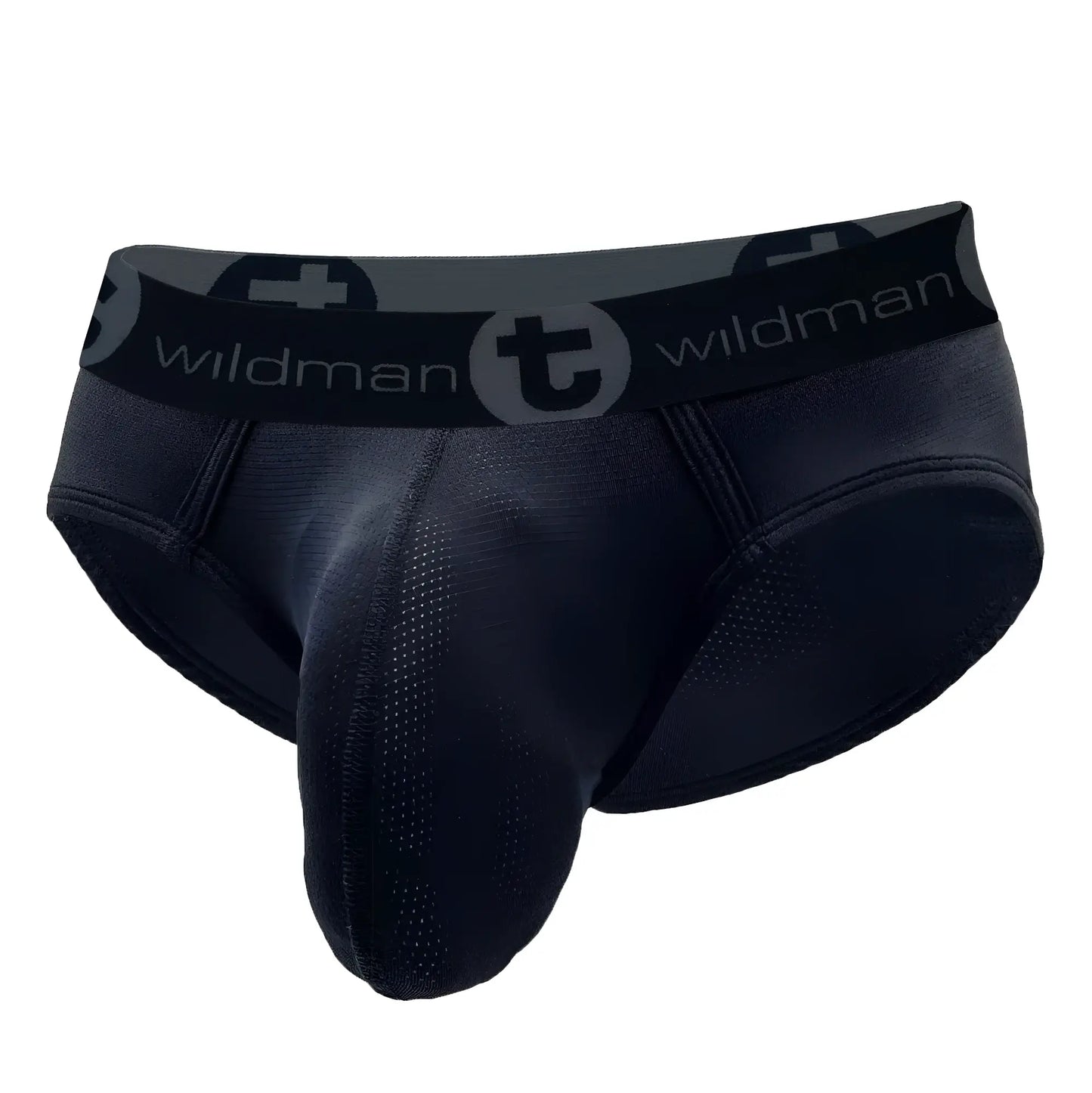 Black mesh pouch brief with a supportive front pouch and a branded elastic waistband reading "WildmanT".