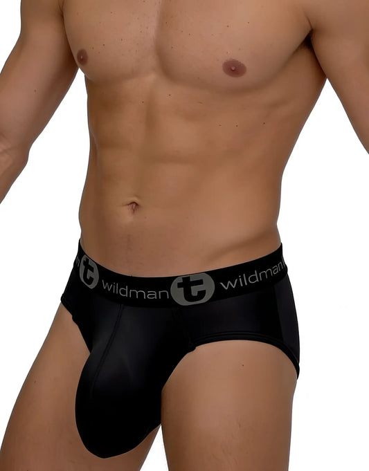 WildmanT black mesh brief with a contoured pouch and black waistband featuring the brand logo in silver.