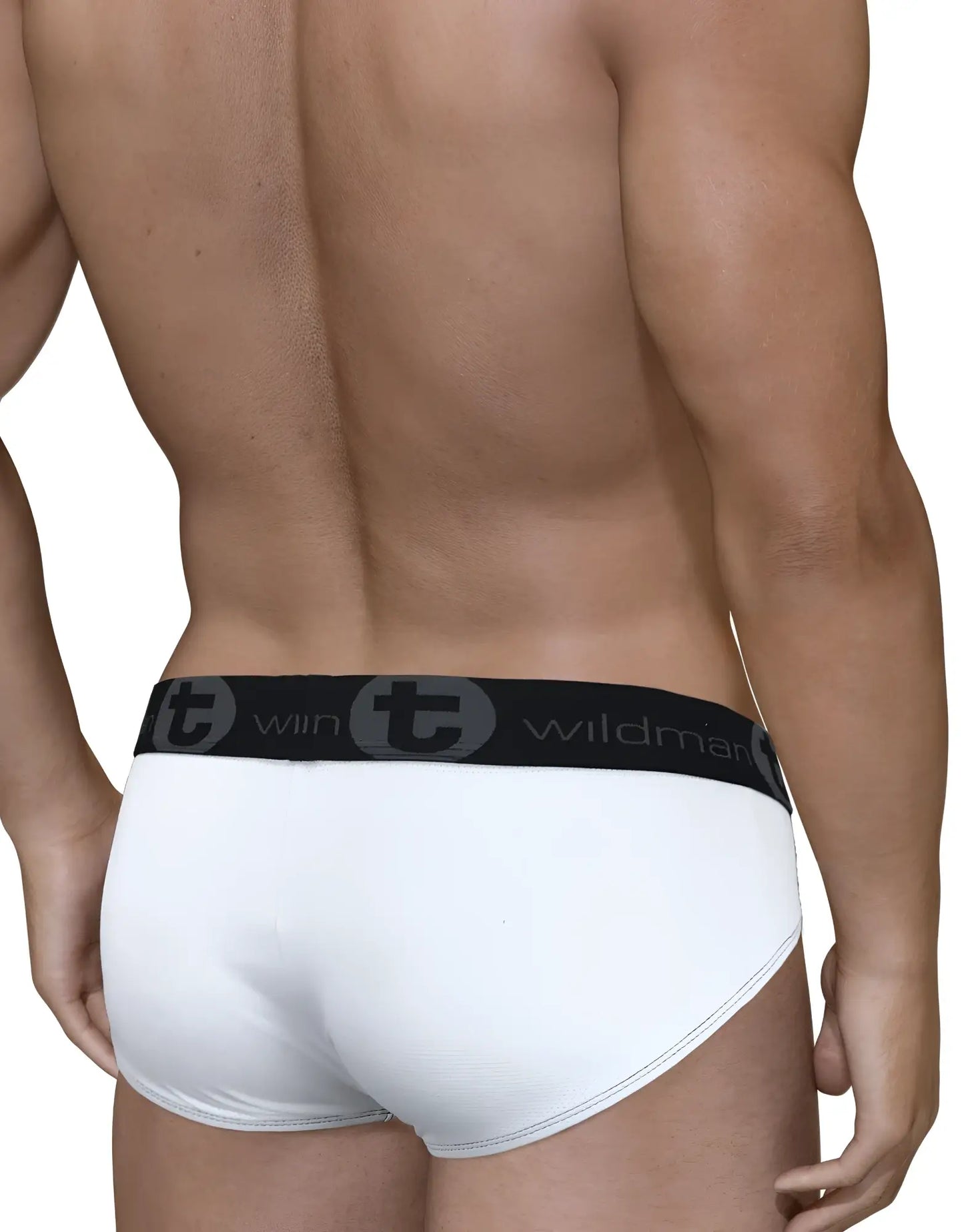 Back view of a man wearing white mesh briefs with a black elastic waistband featuring the WildmanT logo.