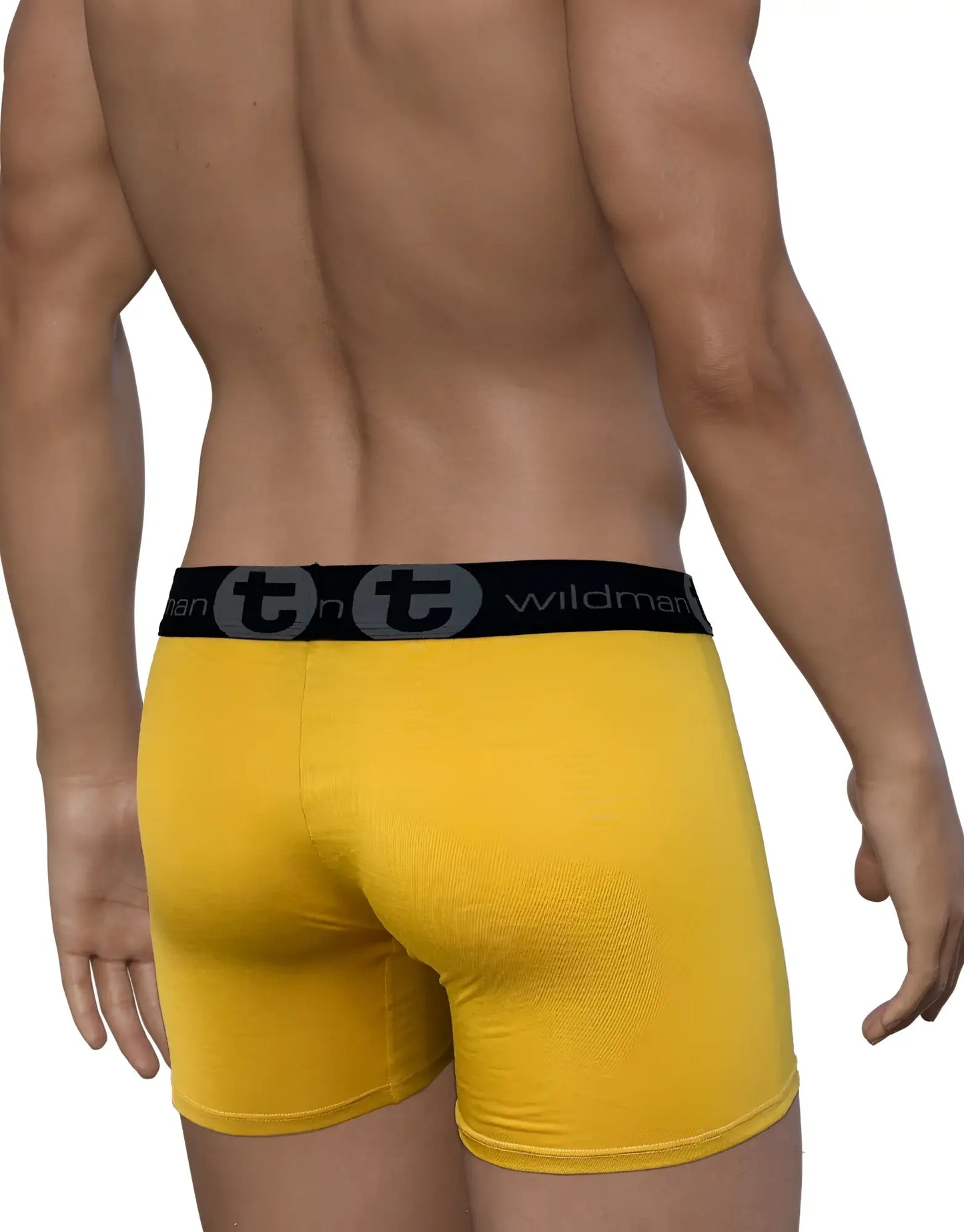 Bright yellow modal wildmanT boxer briefs with 5 inch inseam and black waistband featuring wildman logo