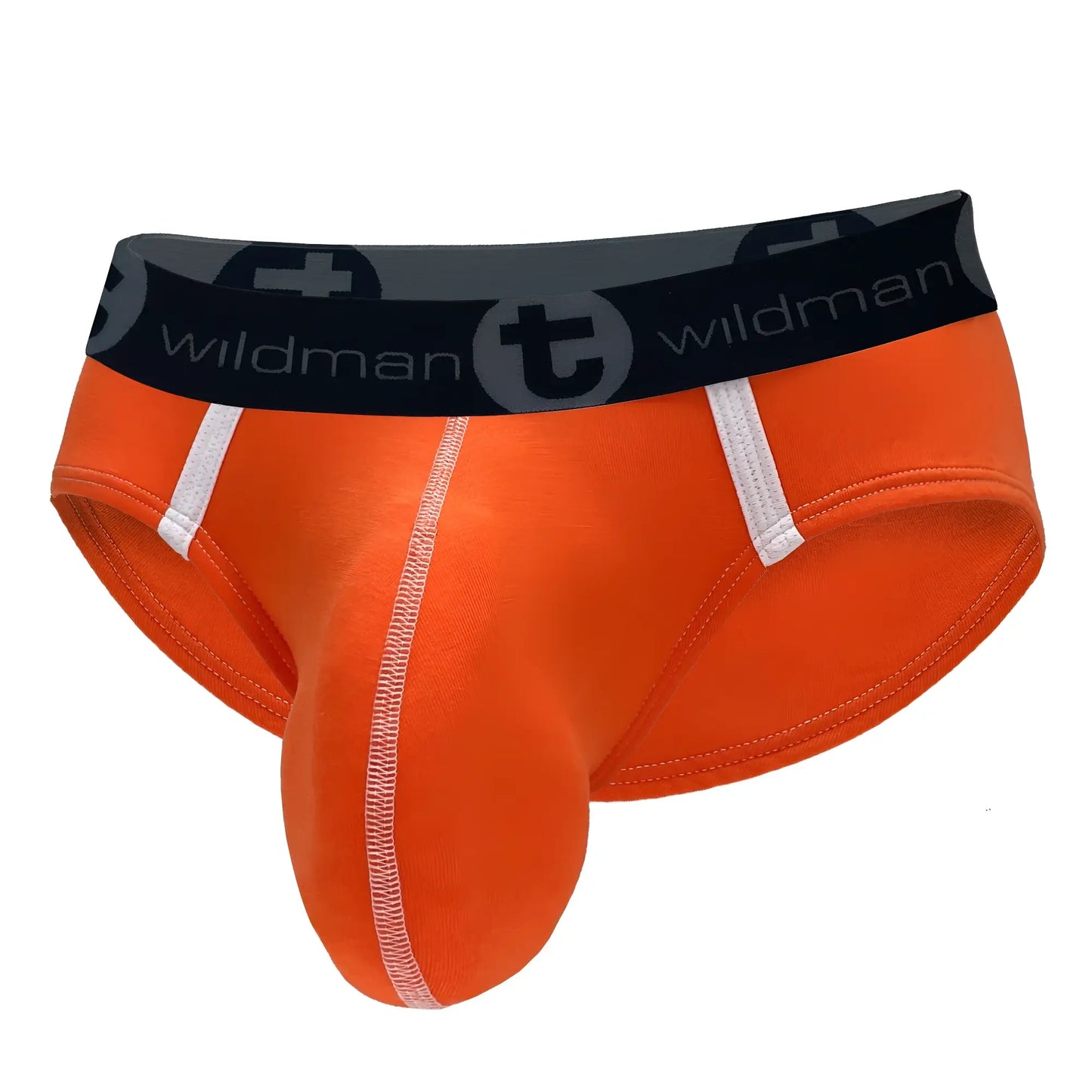 Bright orange modal pouch brief with white contrast stitching, side panels, and a black Wildman logo waistband.