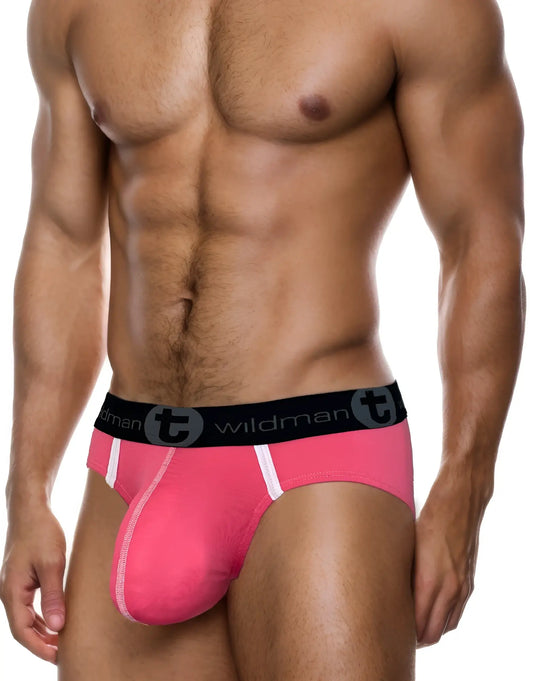WildmanT pink Modal Big Boy pouch brief with white accents and a black elastic logo waistband.
