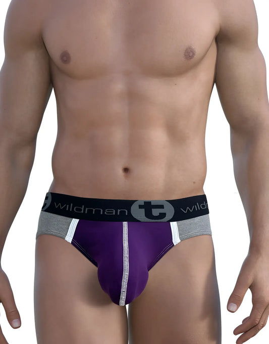 WildmanT purple modal pouch brief with grey sides, white piping, and a black branded elastic waistband.