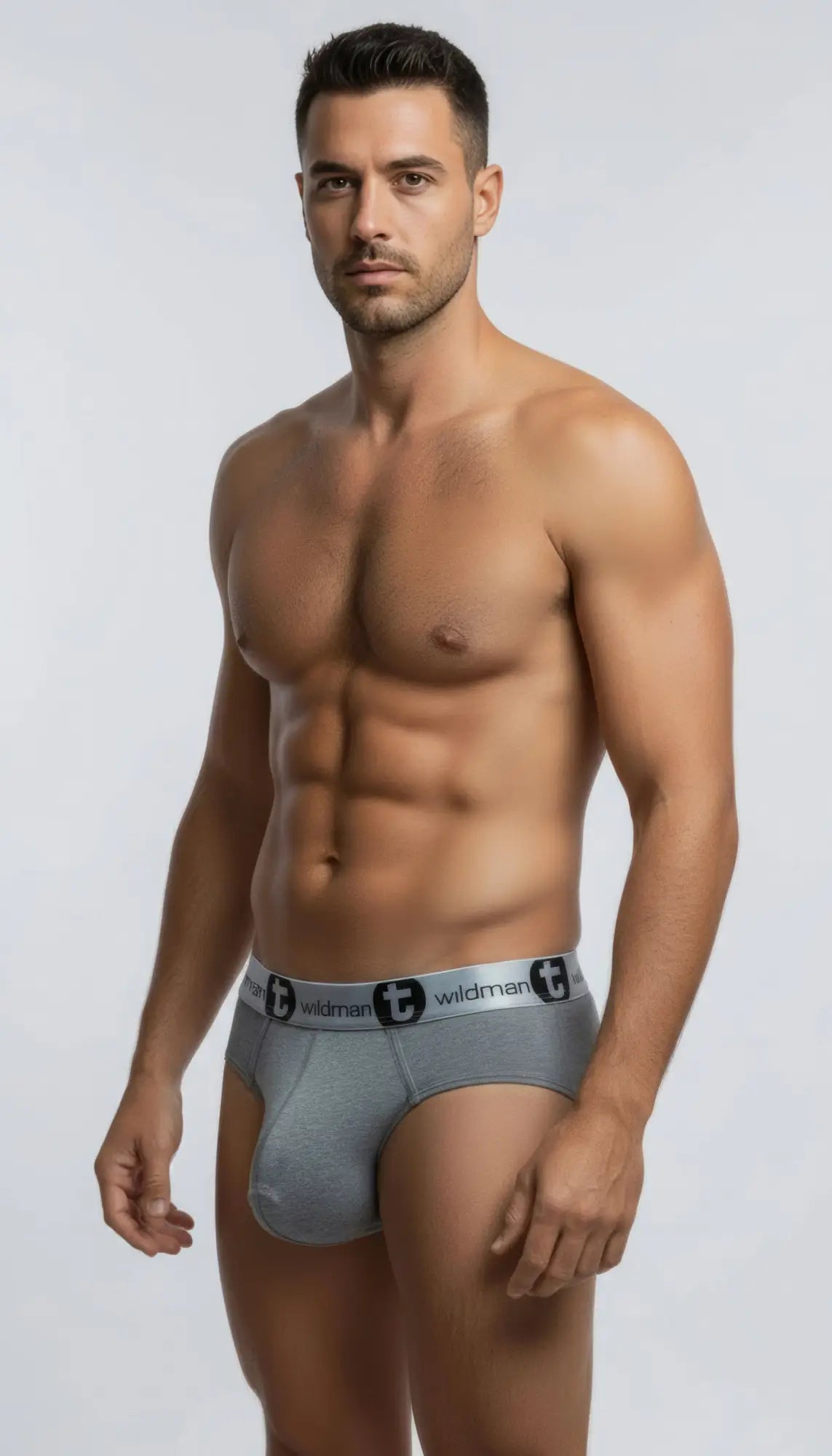 WildmanT silver gray modal brief with a contoured big boy pouch and branded elastic waistband on a muscular man.