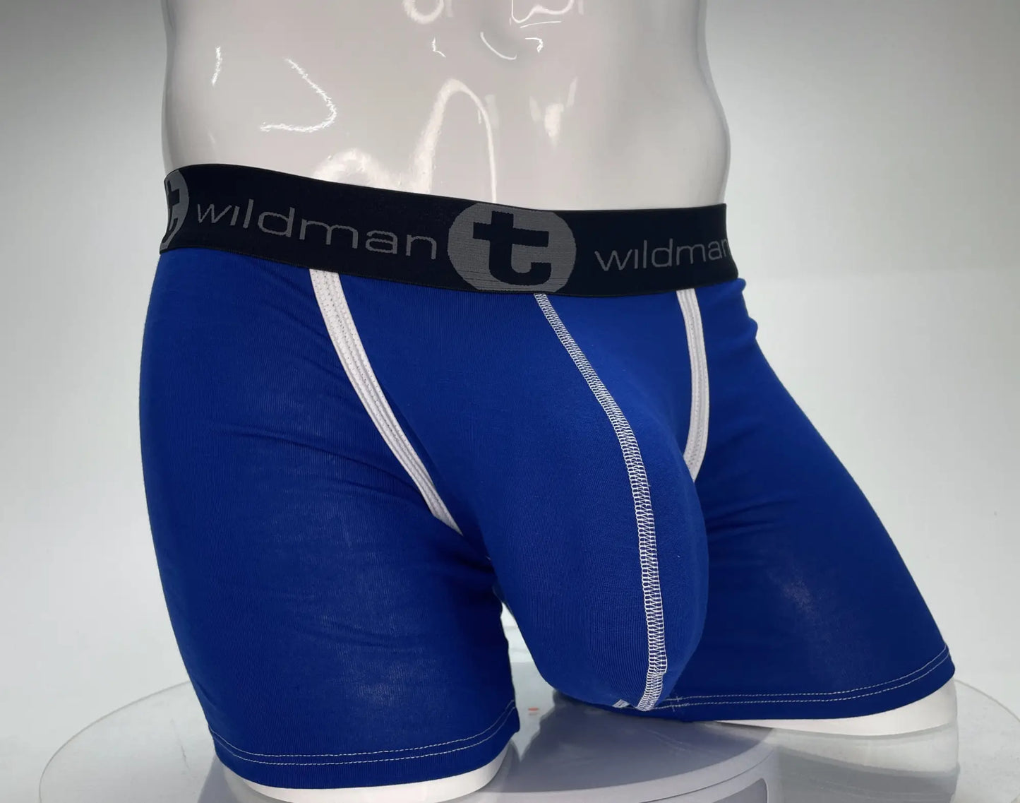 WildmanT modal monster cock 5 inch inseam royal blue boxer briefs with white stitching and black waistband logo