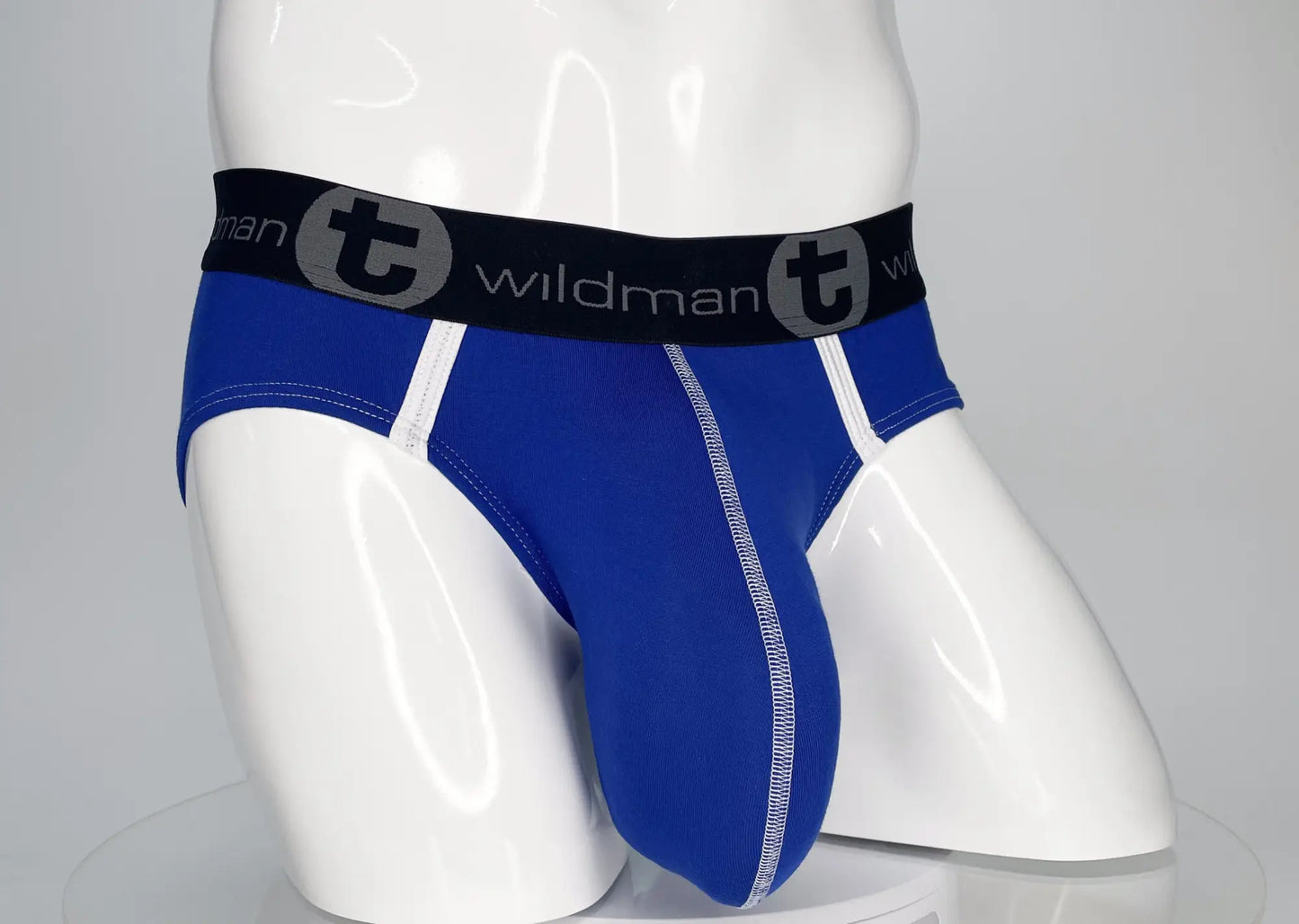 Wildman t modal monster cock brief royal blue in blue with black waistband featuring t logo and white seam stitching