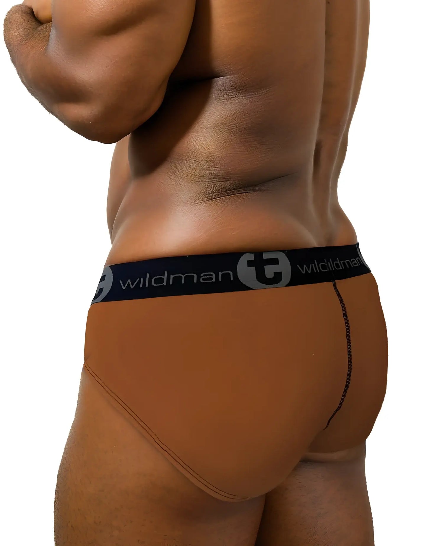 Brown wildman cotton briefs with black elastic waistband featuring wildman logo and stylized t emblem in stripe brown and tan