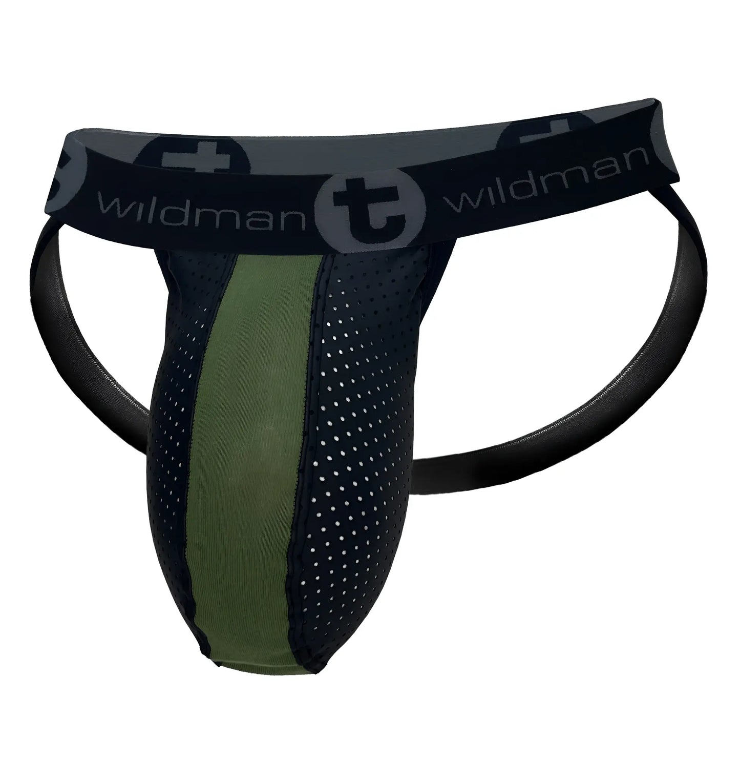 WildmanT Monster Cock rubber cotton jockstrap in black and olive green mesh with branded waistband front view