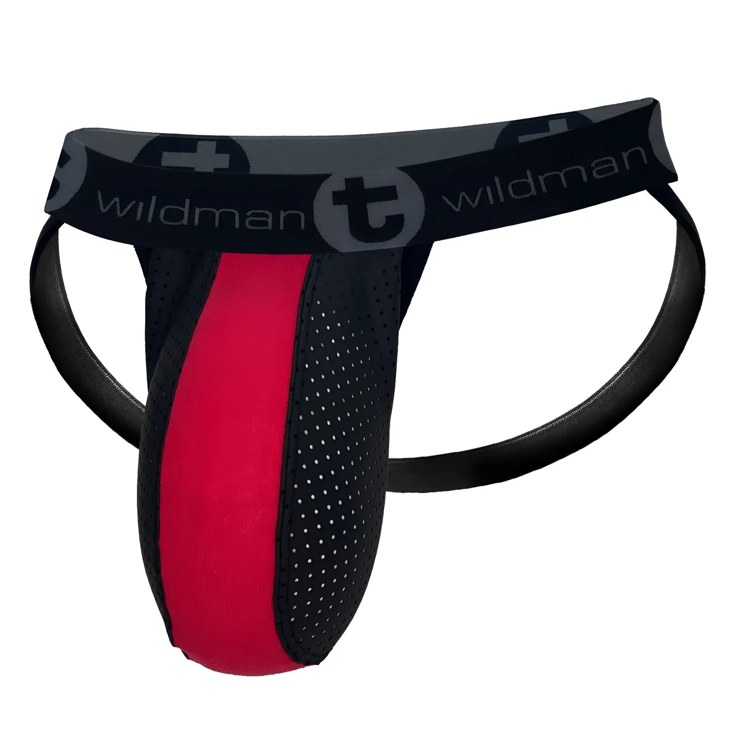 Black and red WildmanT Monster Cock rubber cotton jockstrap with perforated side panel and Wildman logo waistband