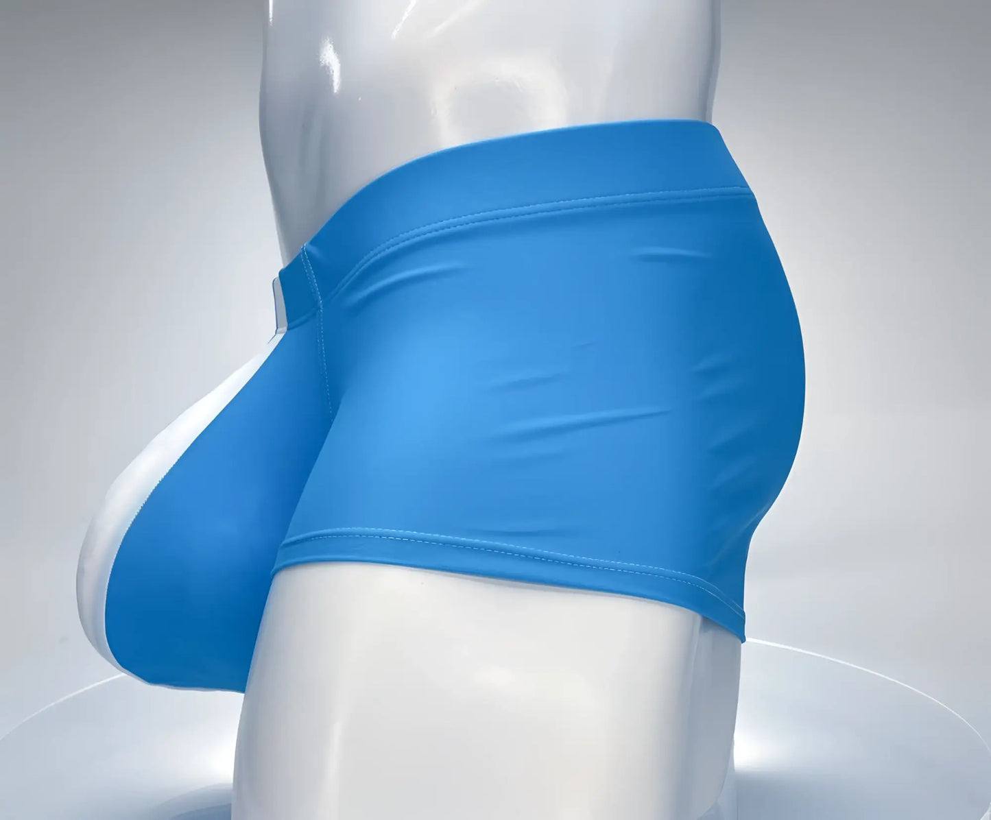 WildmanT Monster Cock swim square cut teal white trunks with bright blue stretch fabric and contoured design