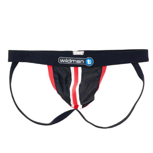 Black mesh jockstrap with red trim, a central white stripe, and a black Duraband waistband with WildmanT branding.