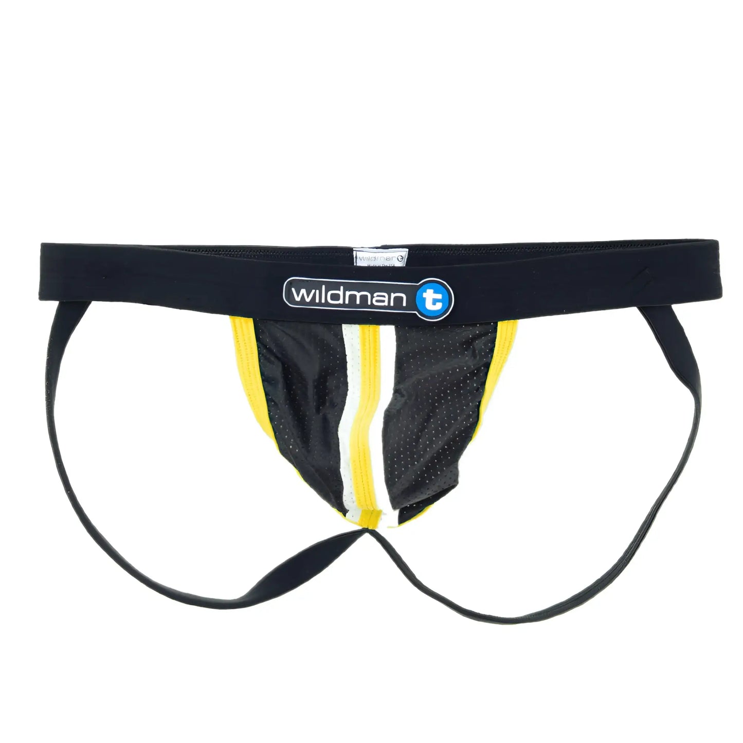 Black and yellow wildmant raw sport stripe jockstrap with duraband waistband and mesh design for athletic use