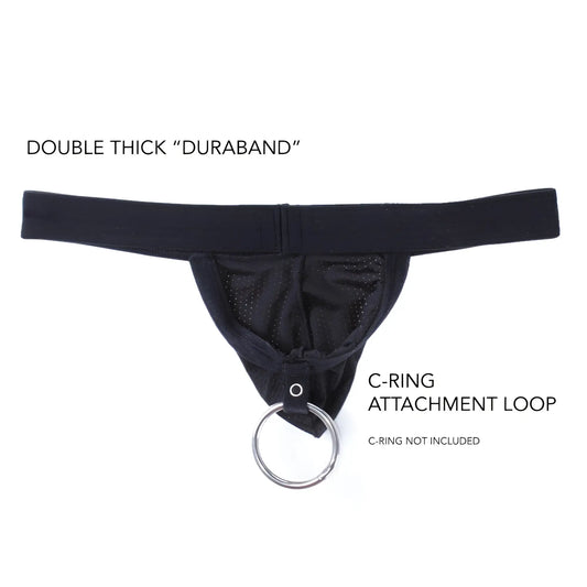 Black strapless mesh jockstrap with a double-thick Duraband and a C-ring attachment loop.