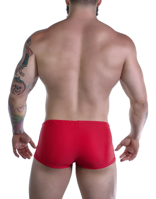 Back view of a muscular man wearing Sportivo red square-cut swim trunks.