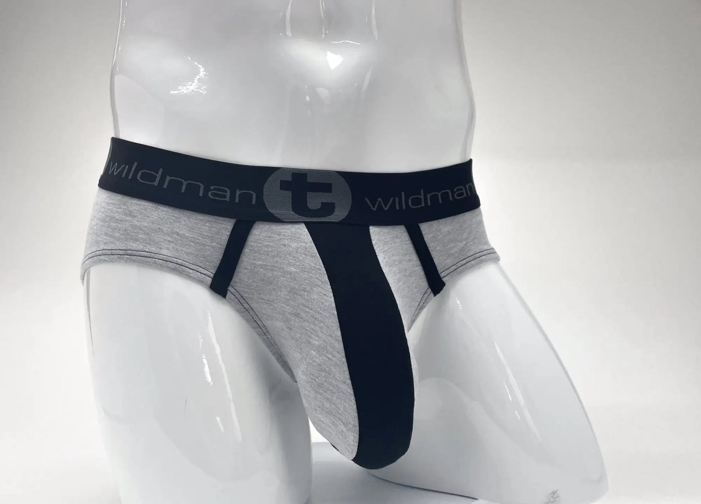 WildmanT stretch cotton big boy pouch brief in gray and black with textured waistband featuring wildman logo