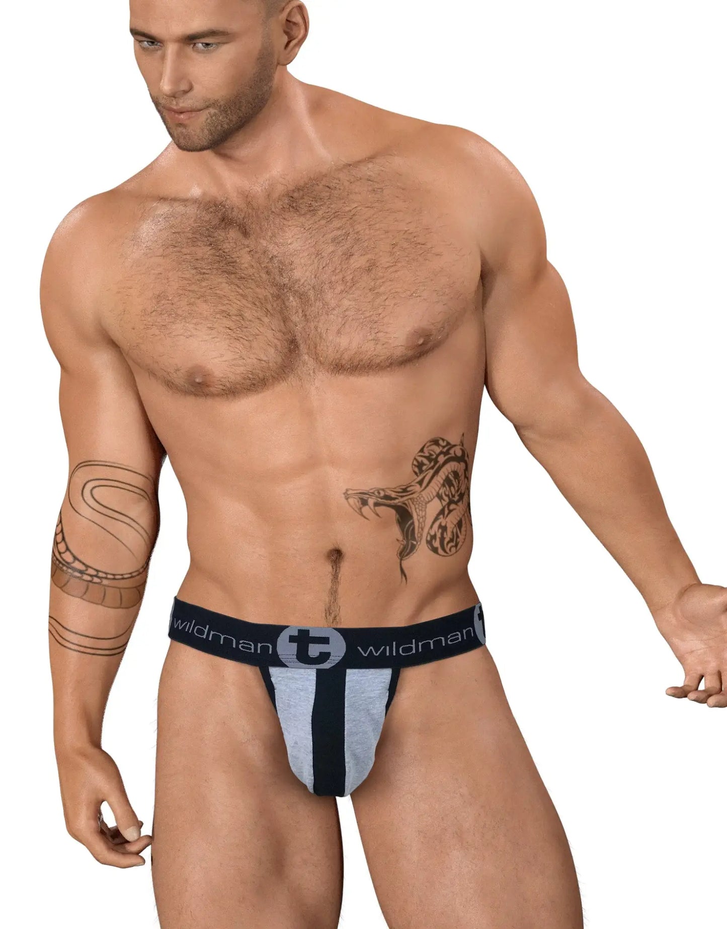 Wildmant stretch cotton strapless jock big boy pouch briefs in black and gray with central black stripe front view