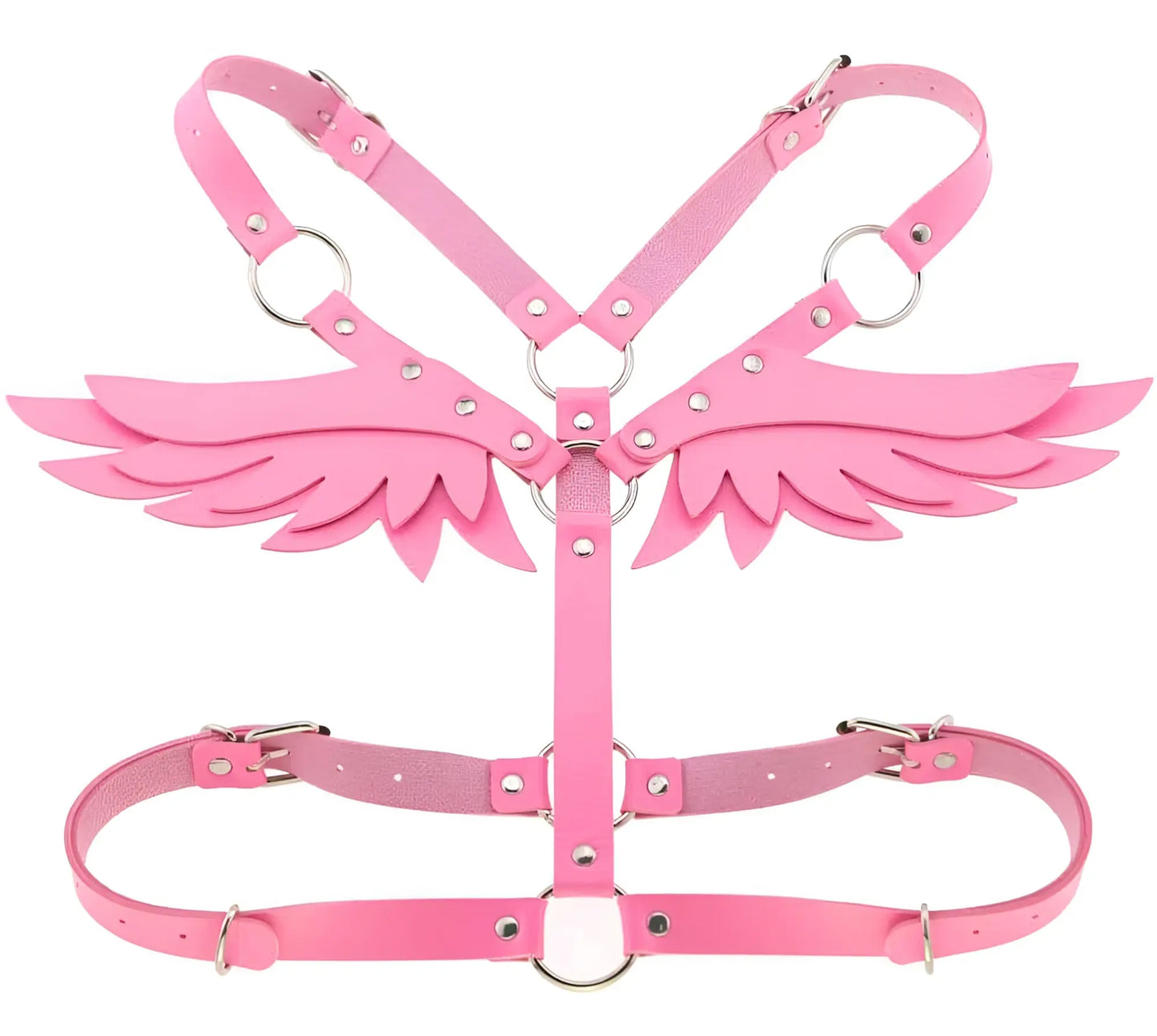 Pink leather angel wing harness with silver toned metal hardware showing the back side of the wings harness