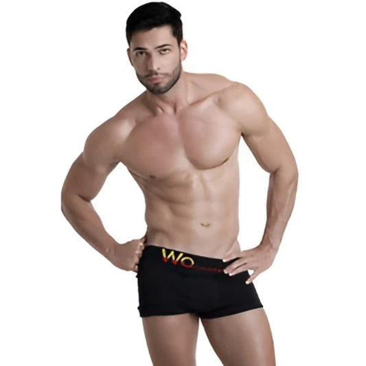 Black WO underwear solid boxer briefs in size M featuring a gold wo logo on the waistband for comfortable support