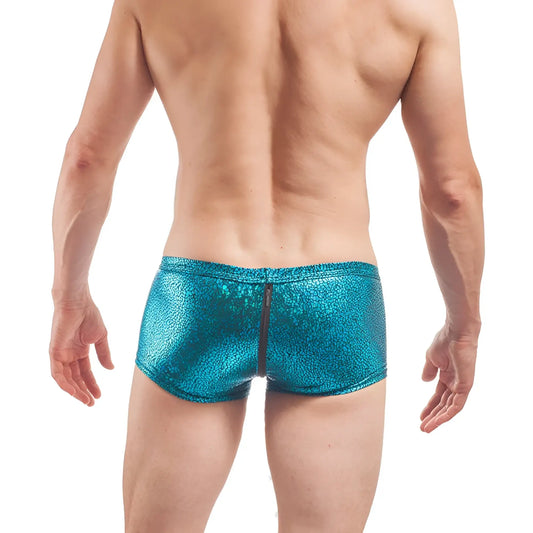 Wojoer desert shiny crackle glass zipper boxer brief underwear in shiny teal metallic with pebbled texture and central zipper