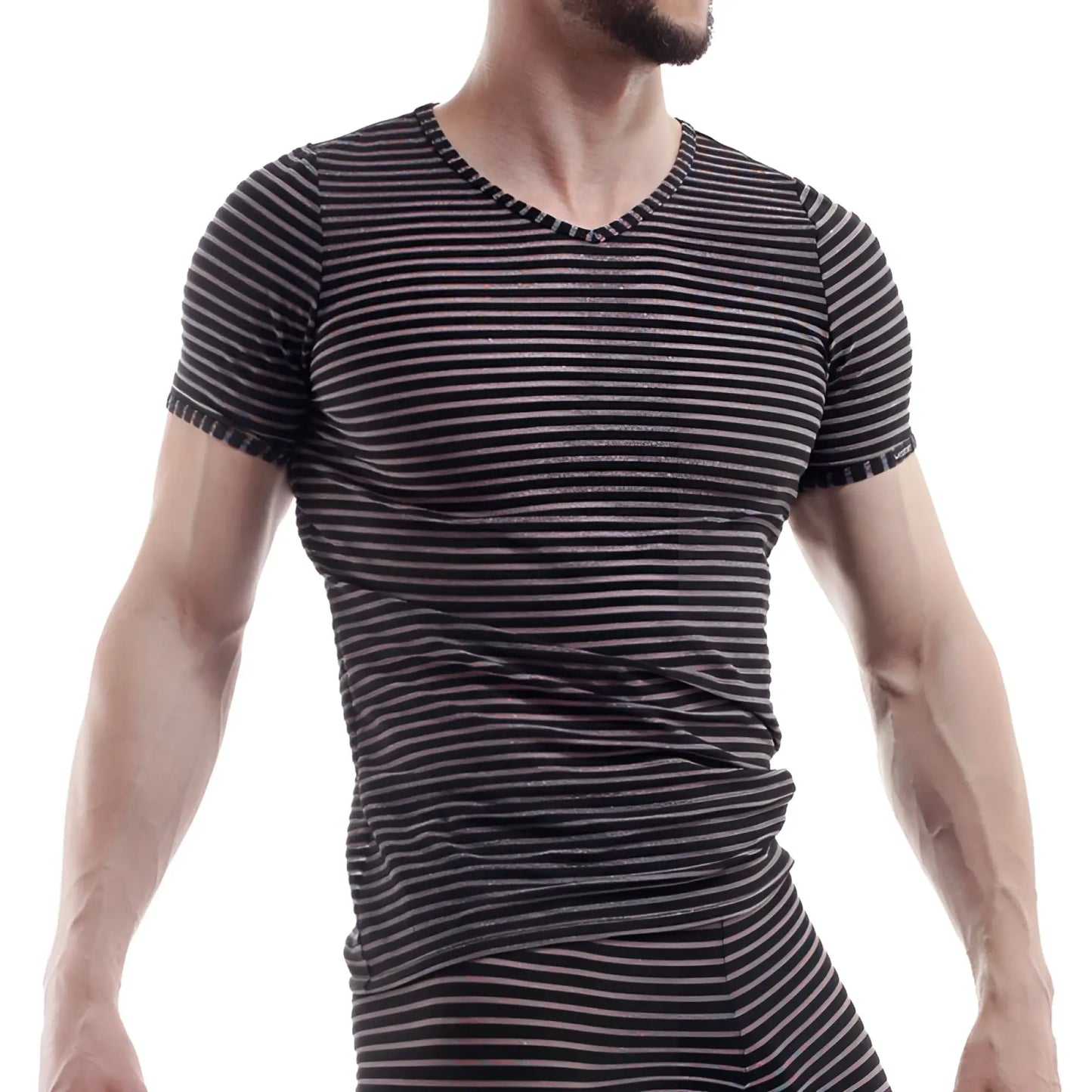 Wojoer WDF glitter stripe short sleeved v neck t shirt in black and white horizontal stripes size large