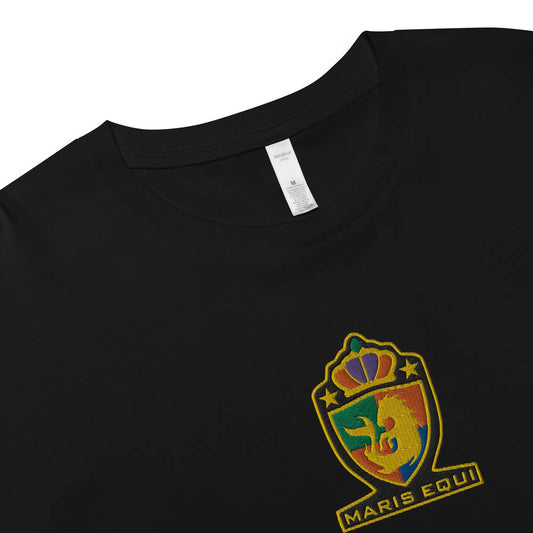 Black men's crop top by Maris Equi featuring a colorful embroidered crest design on the front.