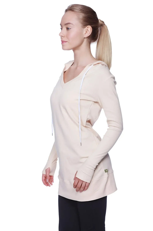 Beige long body hoodie top for women with long sleeves white drawstrings and v neck solid sand camel beige color