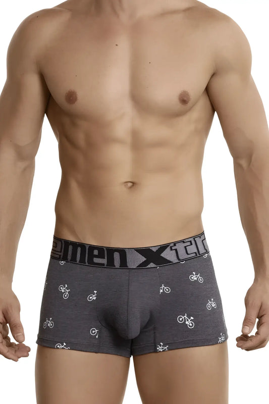 Dark gray xtremen 51437c cycling print boxer briefs with white bicycle pattern and menxter elastic waistband