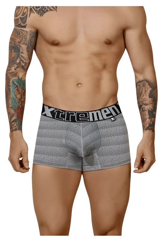 Gray striped men’s boxer briefs with black xtremen waistband featuring geometric jacquard pattern trunk