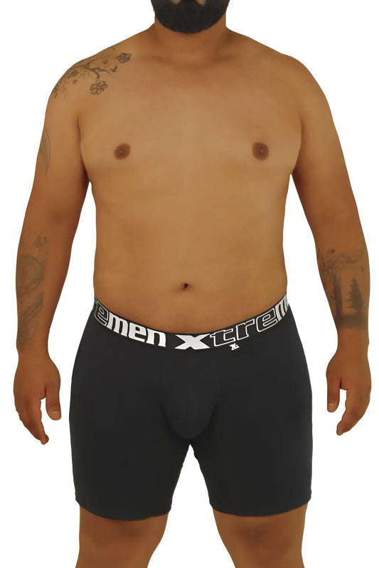 Black men’s boxer briefs xtremen 70001 plus with white elastic waistband featuring xtrem logo and brand name
