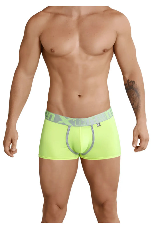 Neon green xtremen 91028 piping men’s boxer briefs with gray x-treme waistband and side brand emblem