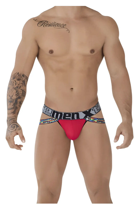 Red men’s microfiber jockstrap briefs with black and white xtreme branded waistband pride color red