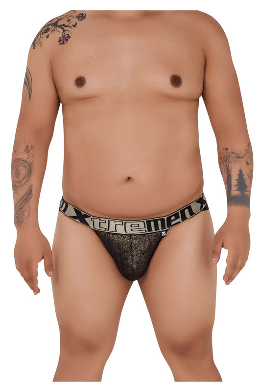Black textured men’s microfiber briefs with bold xtreme logo band in white and black lettering xtremen 91089x frice bikini