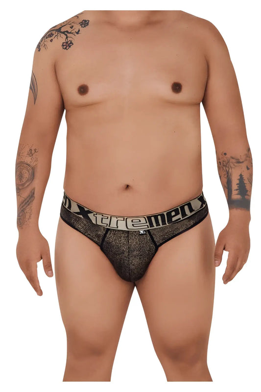 Black textured mens briefs with a white xtremen logo waistband made from microfiber for comfortable wear
