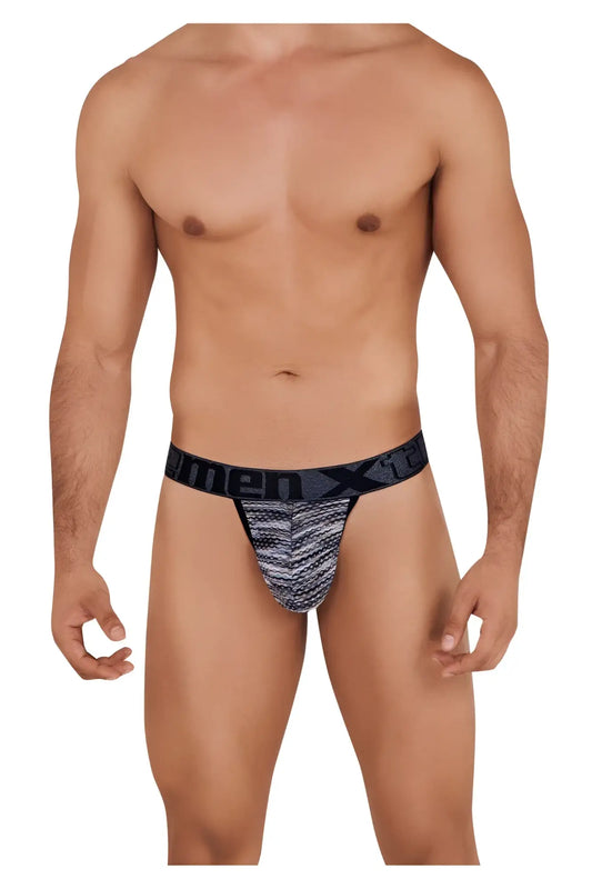 Black and gray patterned men’s microfiber mesh bikini thong with branded waistband xtremen 91098 color black