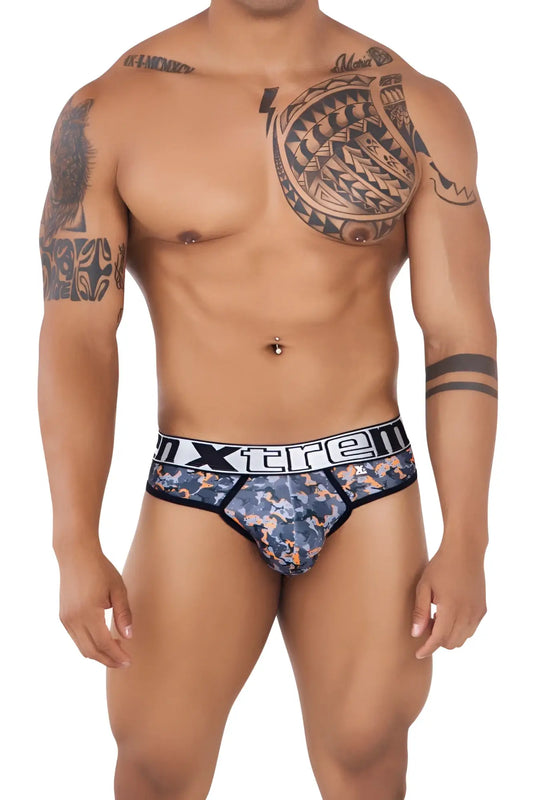 Xtremen 91131 printed thongs in blue and orange camouflage with black trim and white xtreme branding on waistband