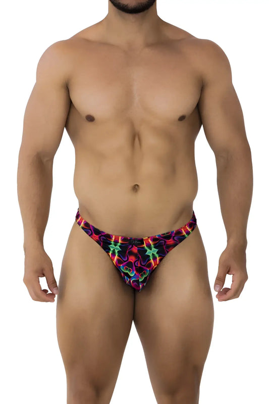 Vibrant neon-colored swim trunks xtremen 91171 printed thongs color bows with bold geometric star and swirl patterns