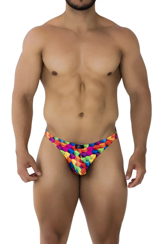 Xtremen 91171 printed thongs color cubes vibrant rainbow geometric patterned men’s briefs front view cotton blend