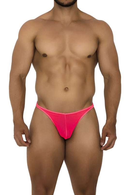 Bright pink Xtremen 91189 tulle mesh thong with a snug, form-fitting design shown from the back side