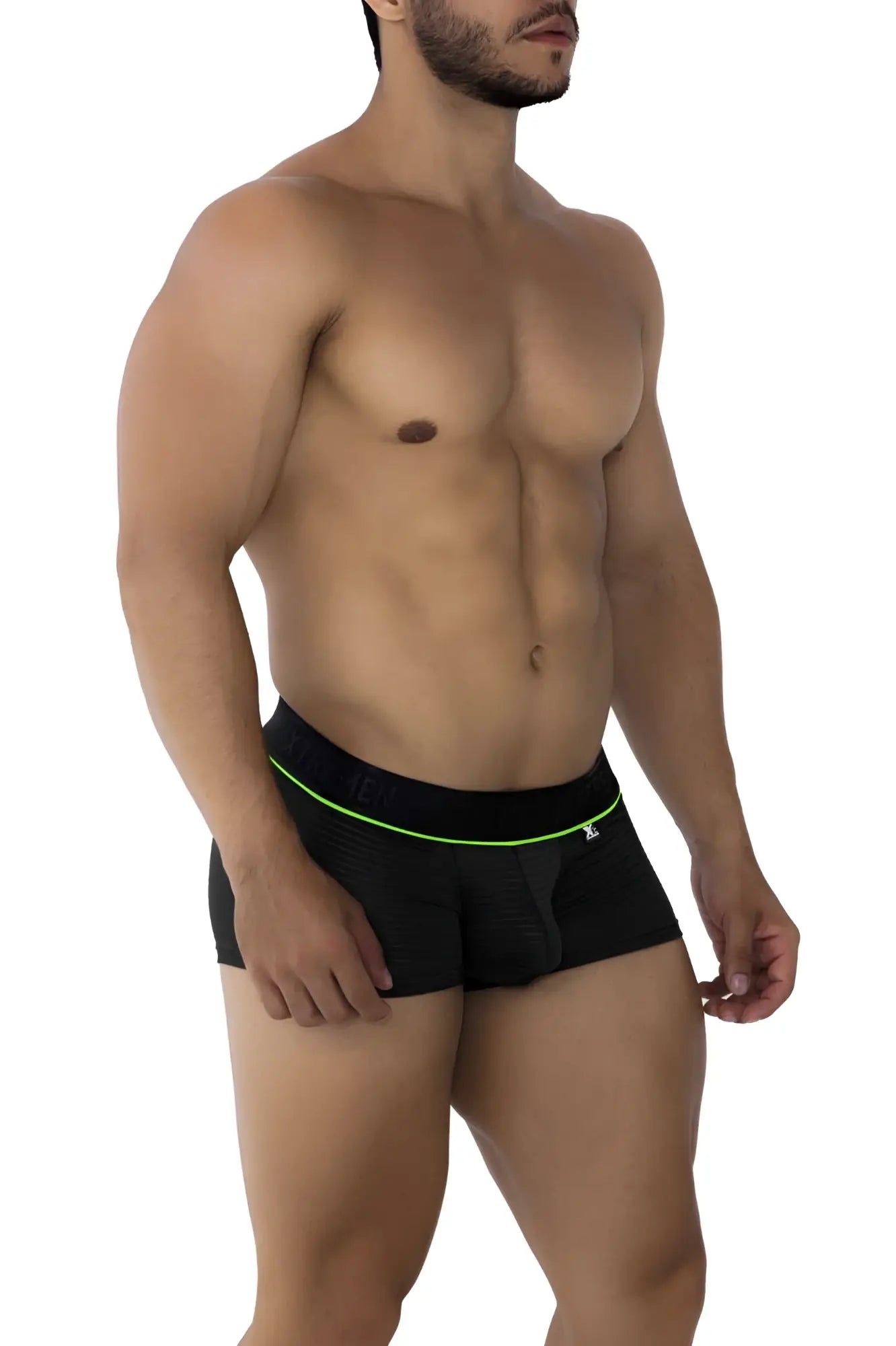 Black xtremen 91196 jacquard athletic briefs with neon green waistband trim and white logo on the side