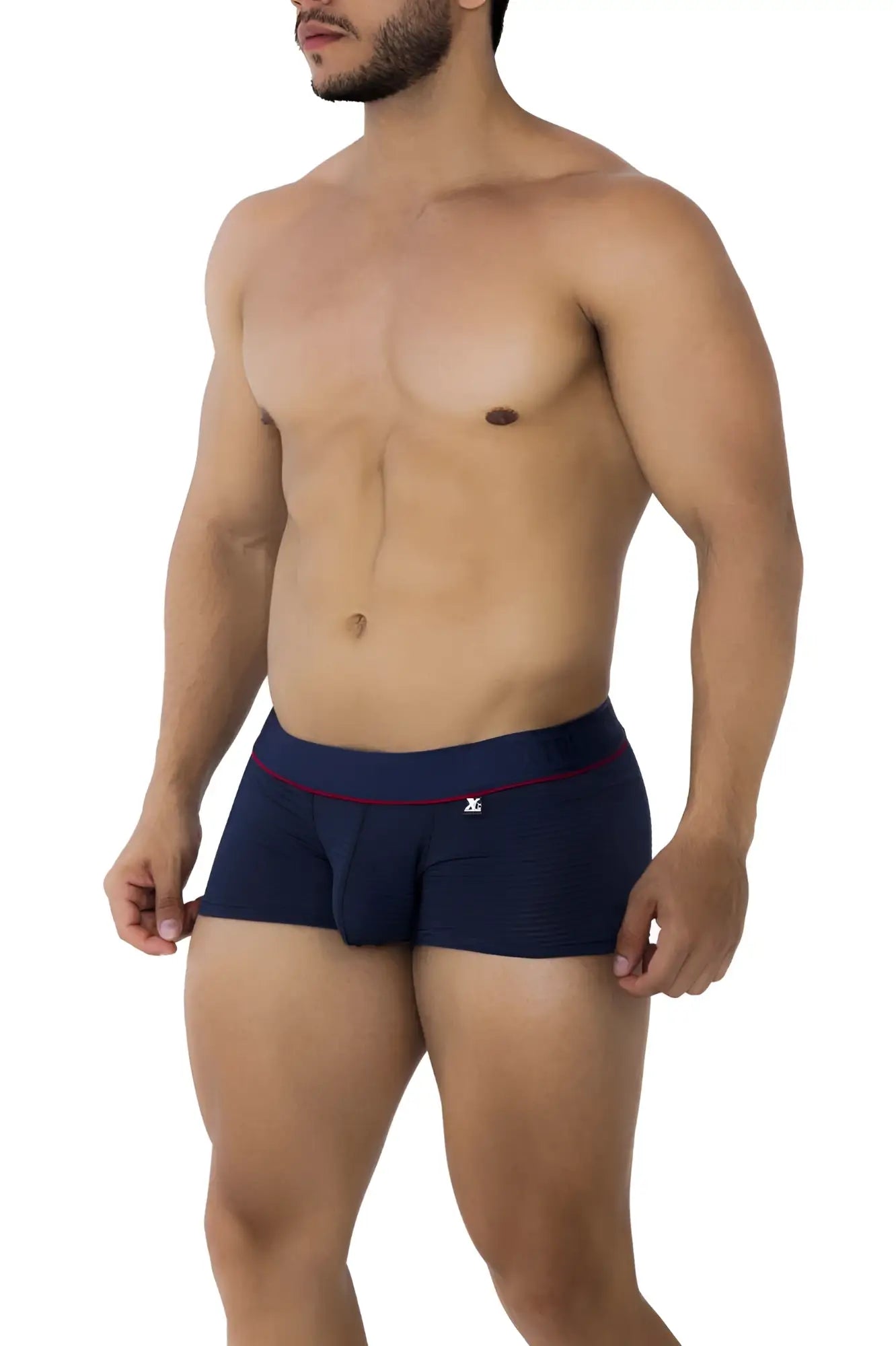 Navy blue Xtremen 91196 jacquard trunks with red trim and small logo on waistband, front view boxer briefs
