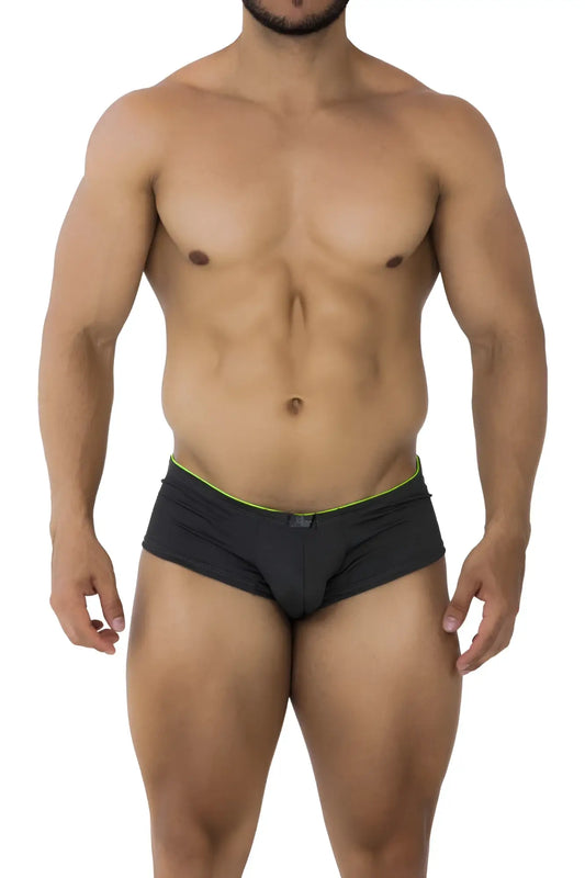 Black Xtremen 91199 jacquard trunks with neon green trim and gray fabric showcasing the front view